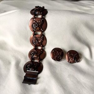 Vintage Copper Bracelet & Clip Earrings Set Floral Boho Artisan 7"